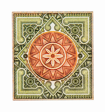 Geometric and ornamental guilloche patterns and designs with native motives. Portrait from Mauritania 200 Ouguiya 2006 Banknotes. Collection.