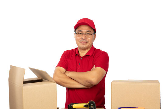 Delivery man stand and smailing feel happy and pround of his job