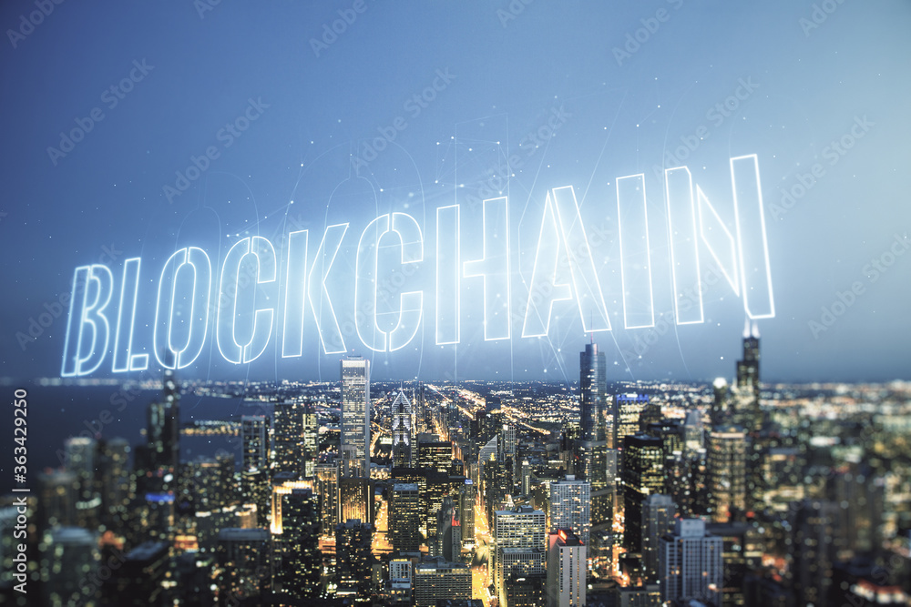 Poster abstract virtual blockchain technology hologram on chicago cityscape background, cryptography and de