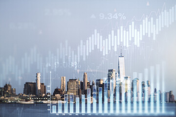 Multi exposure of abstract virtual financial graph hologram on New York skyline background, forex and investment concept