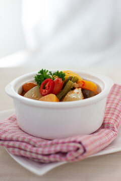 Low Angle View Of Sayur Asem Or Sour Soup In Bowl On Table, Indonesian Typical Homemade Dish