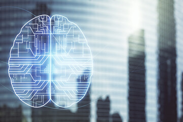 Virtual creative artificial Intelligence hologram with human brain sketch on office buildings background. Multiexposure