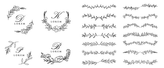 Wedding logo creator vector set. Hand Drawn Wreaths and Frames, floral and leaves, swirls, frames, wreaths and text divided for wedding invitation and greeting cards.