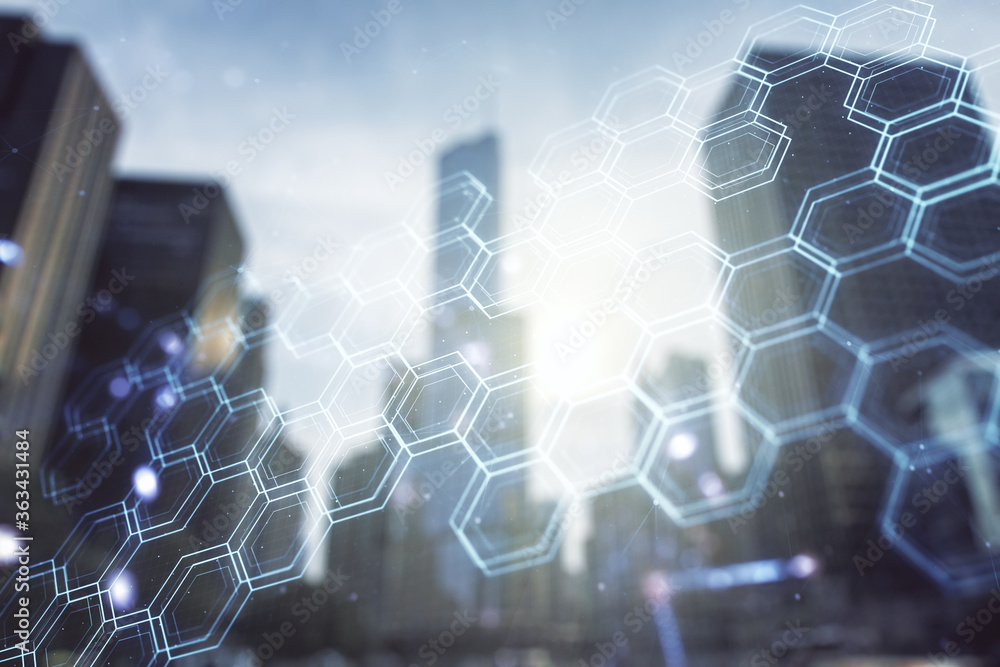 Poster abstract virtual wireless technology hologram with hexagon on modern architecture background, artifi