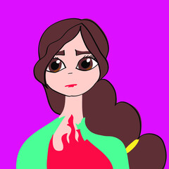 Portrait of worried girl, brown braided hair, brown eyes, yellow ponytail. Directly looking at something. Wearing red blouse with fire like edges, green jacket. Digitized hand-drawn avatar, character