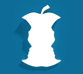 An apple or two men face profile view. Optical illusion. Human head make silhouette of fruit. Homosexual relative silhouettes. 3D rendering