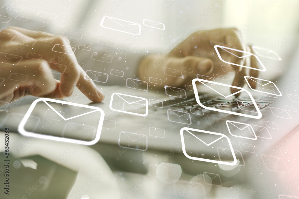 Poster creative abstract postal envelopes sketch with hands typing on computer keyboard on background, e-ma