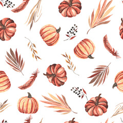 Watercolor autumn seamless pattern with colored pumpkins, leaves, branches, berries. 