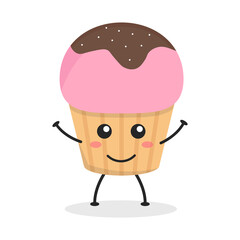 Cute flat cartoon cupcake illustration. Vector illustration of a cute cupcake with a smiling expression. Cute cake mascot design