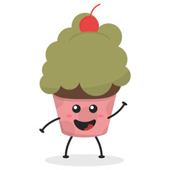 Cute flat cartoon cupcake illustration. Vector illustration of a cute cupcake with a smiling expression. Cute cake mascot design
