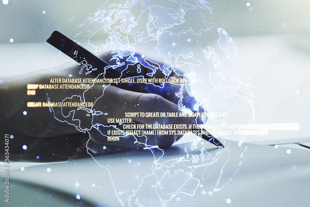 Poster abstract creative coding concept with world map and man hand writing in notebook on background. mult