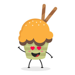 Cute flat cartoon cupcake illustration. Vector illustration of a cute cupcake with a smiling expression. Cute cake mascot design