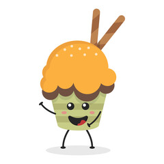 Cute flat cartoon cupcake illustration. Vector illustration of a cute cupcake with a smiling expression. Cute cake mascot design