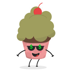 Cute flat cartoon cupcake illustration. Vector illustration of a cute cupcake with a smiling expression. Cute cake mascot design