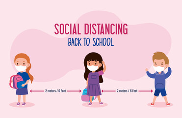 back to school for new normal lifestyle concept, kids wearing medical mask and social distancing protect coronavirus covid 19 vector illustration design