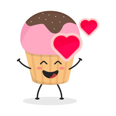 Cute flat cartoon cupcake illustration. Vector illustration of a cute cupcake with a smiling expression. Cute cake mascot design