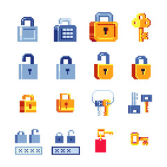 Locks and keys, pixel art flat style icons set. Key and open lock. Design of websites, sticker, logo and mobile apps. 8-bit sprite. Game assets. Isolated vector illustration. 