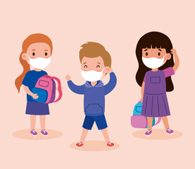 cute children wearing medical mask to prevent coronavirus covid 19, students children wearing protective medical mask vector illustration design