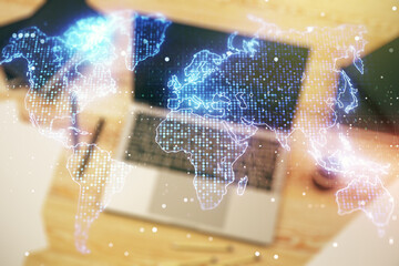 Multi exposure of abstract graphic world map on computer background, connection and communication...