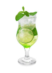 Glass of fresh mojito on white background