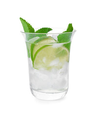 Glass of fresh mojito on white background
