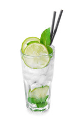 Glass of fresh mojito on white background