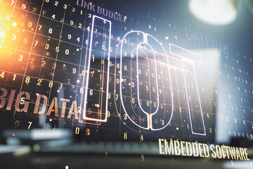 Creative IOT concept on modern laptop background. Multiexposure