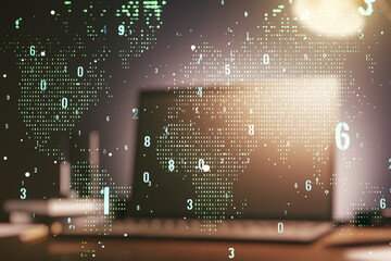 Multi exposure of abstract software development hologram with world map on laptop background, global research and analytics concept