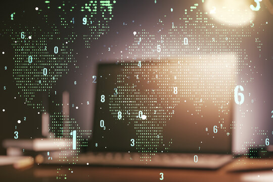 Multi exposure of abstract software development hologram with world map on laptop background, global research and analytics concept
