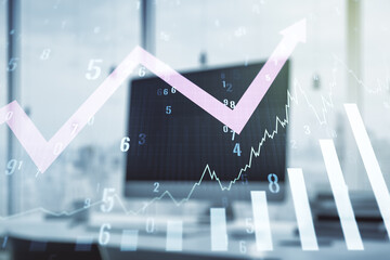Abstract creative financial graph with upward arrow on modern laptop background, forex and investment concept. Multiexposure