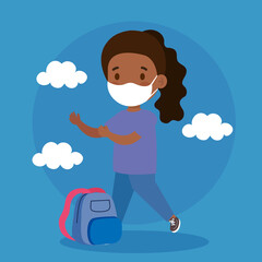 cute girl afro wearing medical mask to prevent coronavirus covid 19 with school bag, student girl afro wearing protective medical mask with school bag vector illustration