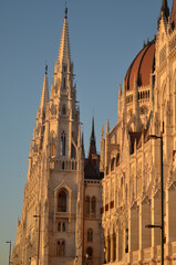 Budapest, Hungary - gothic architecture of the country's parliament in the autumn sun at sunset