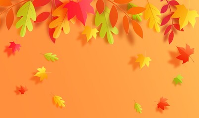Fototapeta na wymiar Autumn background in cut paper style. Papercut falling leaves autumn border. Autumn leaf is cut out of cardboard in green, yellow and orange. Vector card illustration for Thanksgiving day holiday