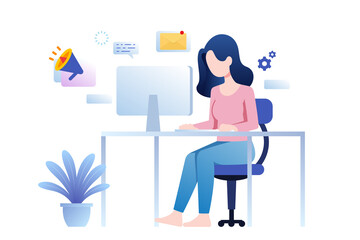 woman working online marketing with desktop PC flat design