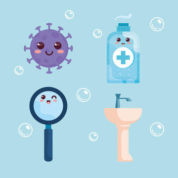 set, cute icons, bottle disinfection, particle covid 19 and magnifying glass, kawaii style vector illustration design