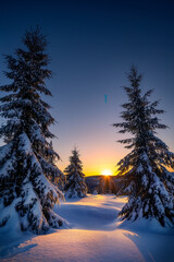 Winter sunrise on top of the mountains with fir trees in the foreground