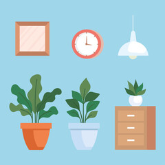 house place interior scene, set icons furniture decoration vector illustration design