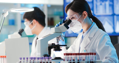 woman scientist use microscope