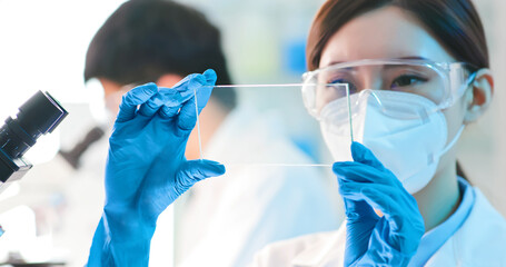 scientist take transparent tablet