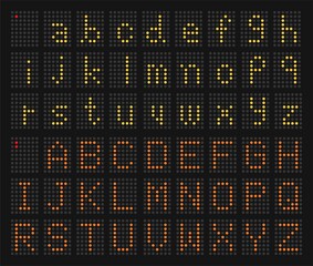 yellow dots lowercase letter alphabet and orange dots capital letter alphabet of LED digital display on black background,graphic element,vector and illustration