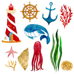 Watercolor hand drawn nautical / marine illustration 