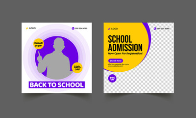 School education admission social media post & back to school web banner template or square flyer poster