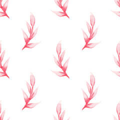 red watercolor branch with leaves isolated on white. Raster square seamless floral hand drawn print.