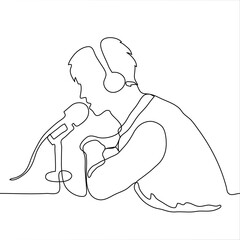 man with headphones sits at the microphone and broadcasts. One continuous line drawing of a presenter or guest podcast speaks into a microphone. Can be used for animation.
