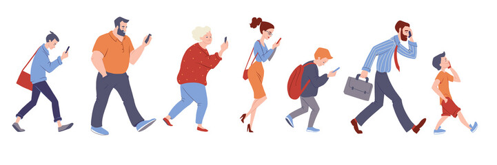 Fototapeta premium Diverse group of people walking with smartphones. Women and men talking, texting, searching internet. Gadget addiction concept banner. Vector character illustration isolated on white.