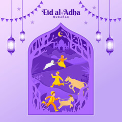 Eid al-Adha greeting card concept illustration in paper cut style with kids bring goat, sheep, and cattle for sacrifice