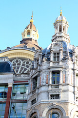 Fototapeta na wymiar Exterior stone-clad facade of the Antwerp Central Station, Belgium