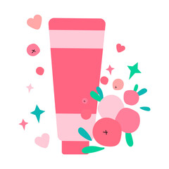 illustration with tube of cream for skin. natural skin care based on cranberries and lingonberries. red berry scrub and mask. Modern design for packaging, paper, fabric