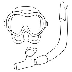 Snorkeling. Sketch. Vector illustration. Mask and snorkel for scuba diving. Outline on an isolated white background. Doodle style. Equipment for swimming under the surface of the water. Special device