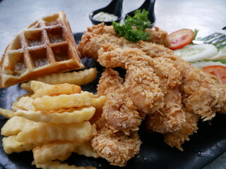 French Fries Waffle Chicken Set with Sauce